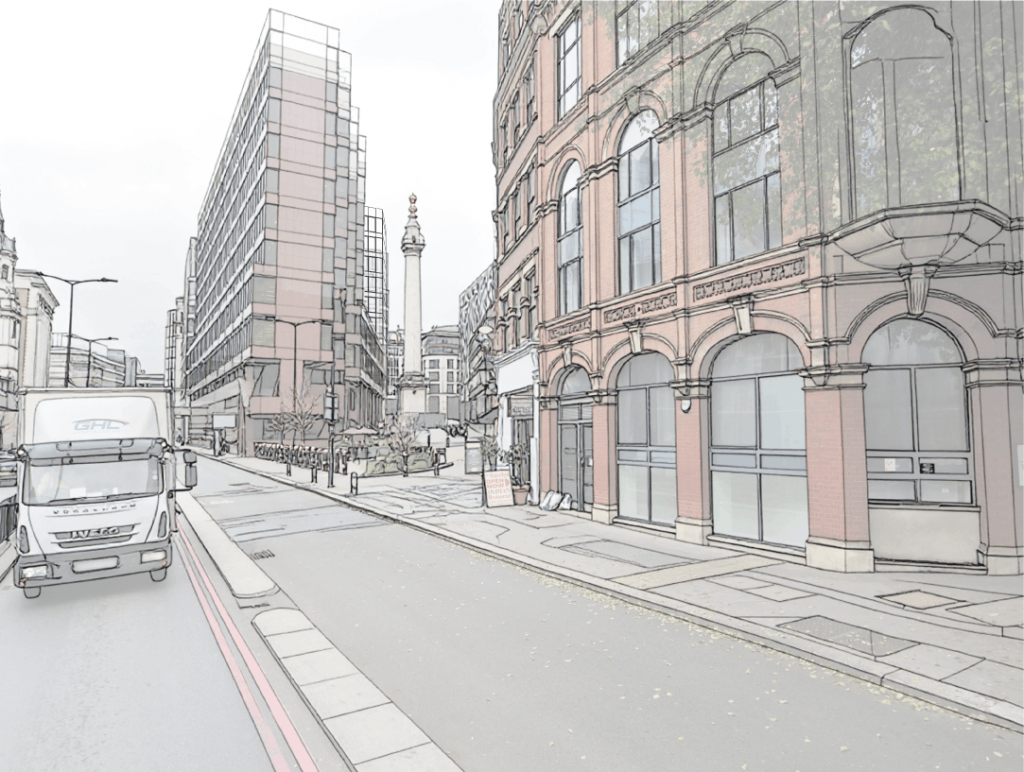 Architectural sketch showing proposed design response to the surrounding historic buildings